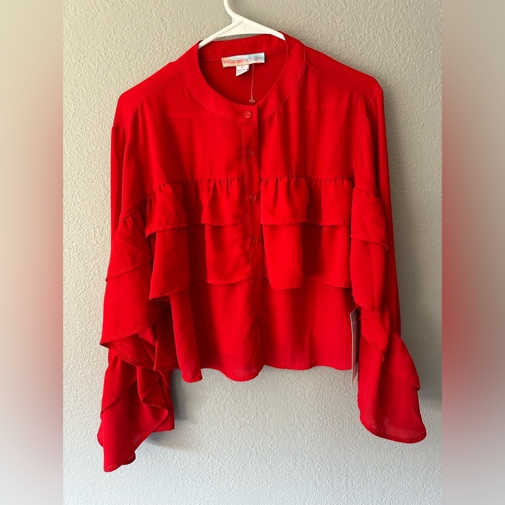 Watermelon sugar ruffle trim red blouse size M